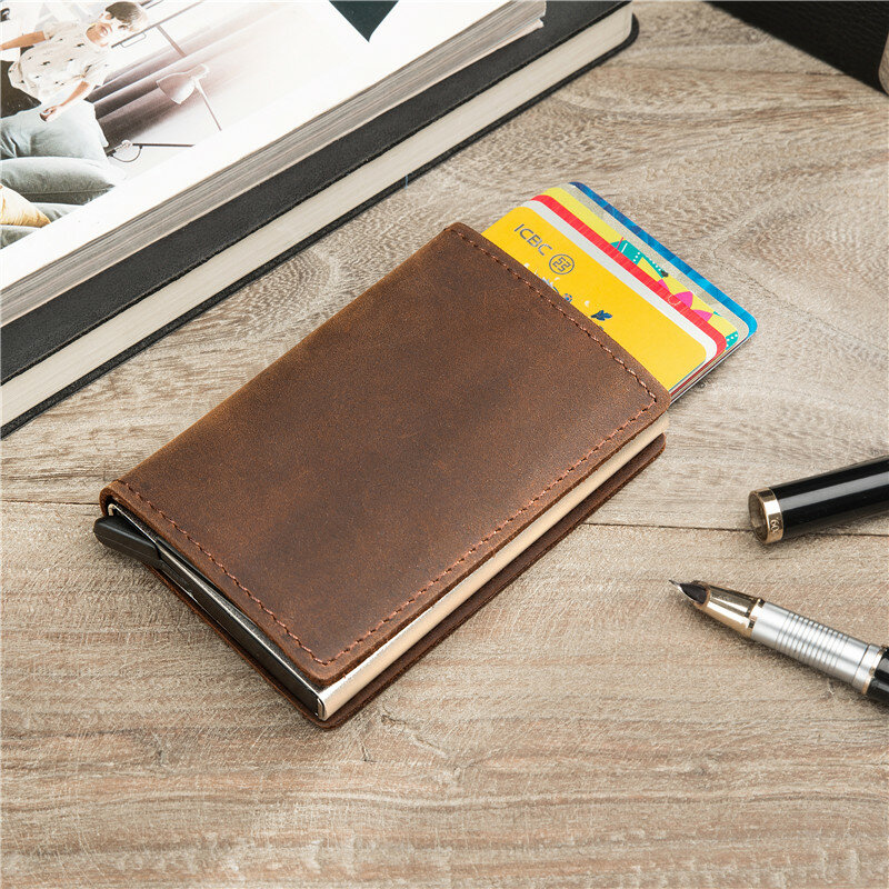 Zovyvol 2022 Custom Made portfel ze skóry naturalnej Rfid antykradzieżowe etui na karty kredytowe aluminiowe pudełko małe sprzęgło Pop-Up inteligentny portfel
