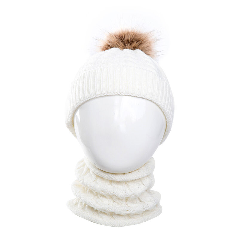 Duplo fofo bola infantil quente chapéu e neckerchief duas peças conjunto de cor sólida tricô lã da criança boné do bebê headwear foto adereços