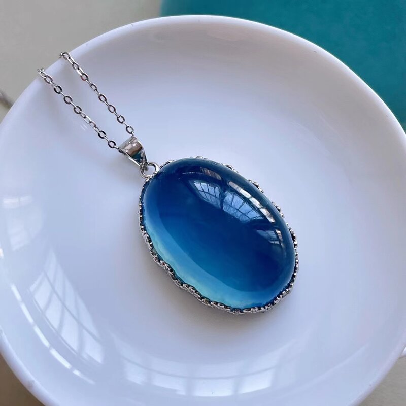 Natural Deep Blue Aquamarine Pendant Clear Water Drop Aquamarine Women 18K Gold 28*19mm Necklace Jewelry AAAAA