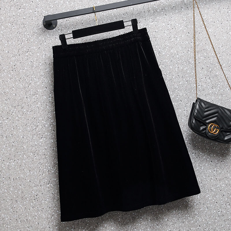 プラスサイズの女性服ベロアオフィスレディーススカート春秋黒カジュアル固体ルーズミッドウエストオーバーサイズ底4xl 3xl