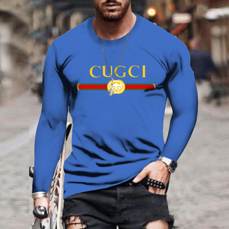 Outono e inverno masculino marca superior gg impressão cor sólida em torno do pescoço longo sleevesleeve rua correndo esportes fitness wear