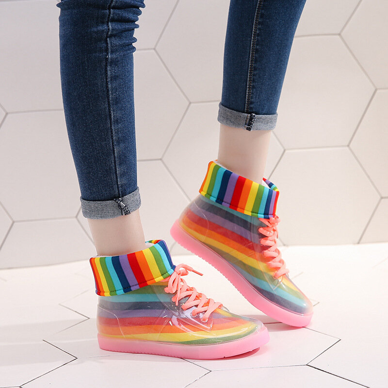 Arco-íris feminino algodão capa botas de chuva sapatos plataforma moda transparente geléia cor chuva sapatos 2022 deslizamento em botas de chuva senhoras