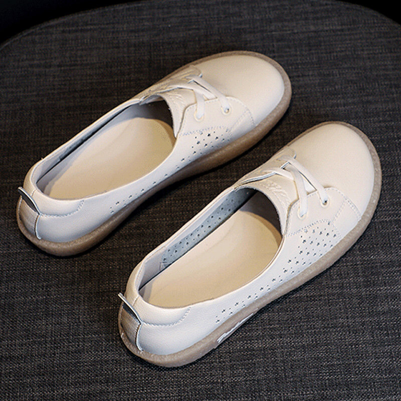 أحذية نسائية صيفية مصنوعة من الجلد الطبيعي أحذية مسطحة ذات نفث عتيق أحذية مريحة مبركن مجوفة قابلة للتنفس للأمهات 41
