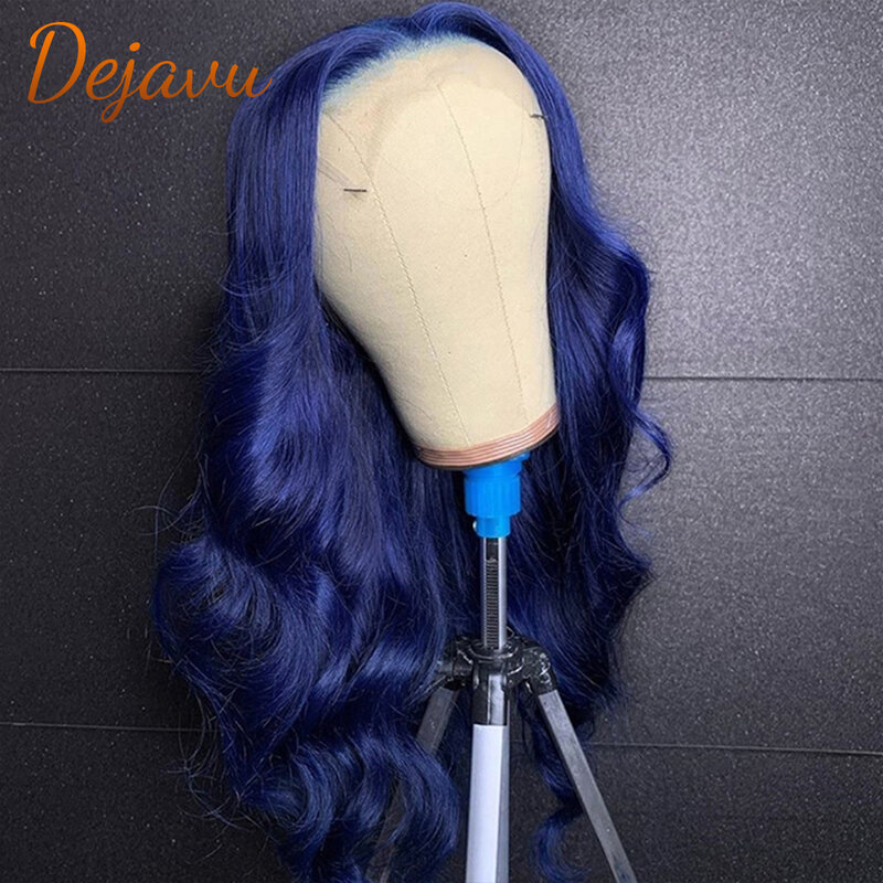 다크 블루 레이스 프론트 인간의 머리 가발 4X4 클로저 가발 바디 웨이브 PrePlucked 가발 여성을위한 진한 파란색 색상 투명