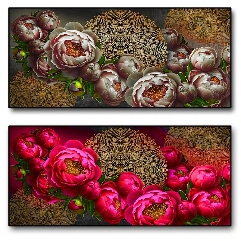 Vintage Pattern Art Canvas Painting Golden Mandala And Red Rose Flower Coexisting Wall Art Poster As A Living Room Decoration
