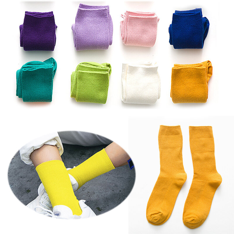 Chaussettes mi-tubes en coton pour femmes, couleur bonbon, tendance, Harajuku, chaud, hiver