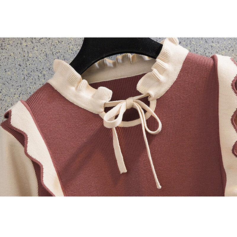 Robe de Style coréen pour femmes, surdimensionnée, manches longues, à volants, à lacets, épissure, Mini pull en tricot, nouvelle collection automne 2021