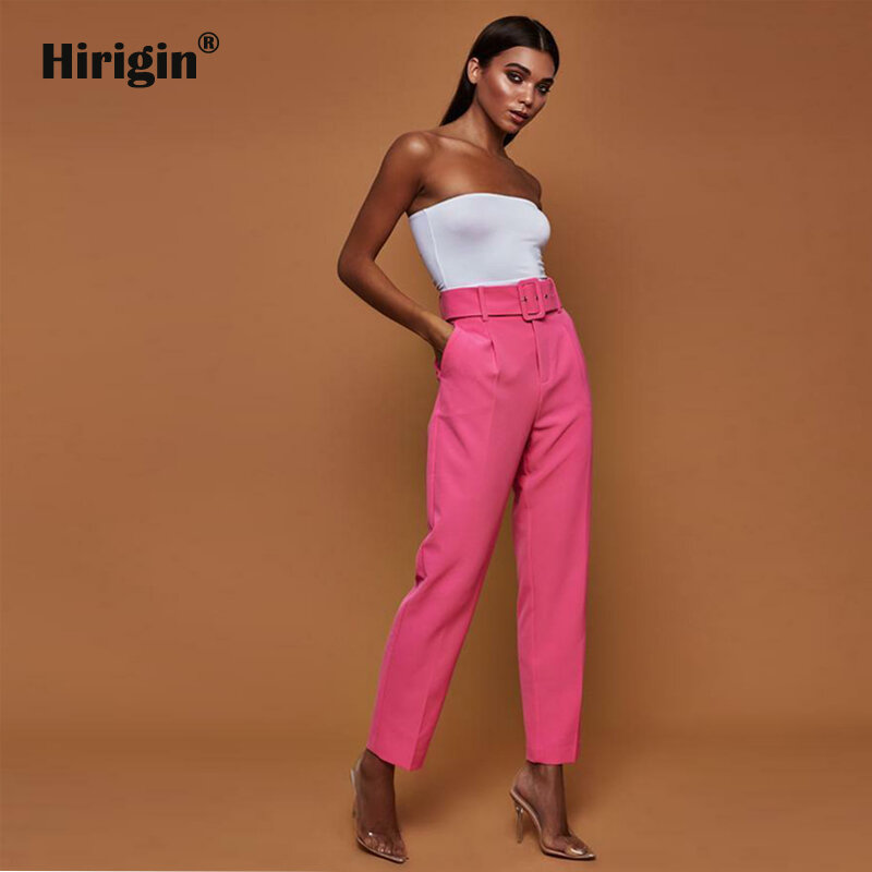 White suit pants woman high waist pants sashes pockets office Yong ladies pants fashion middle aged pink yellow pants