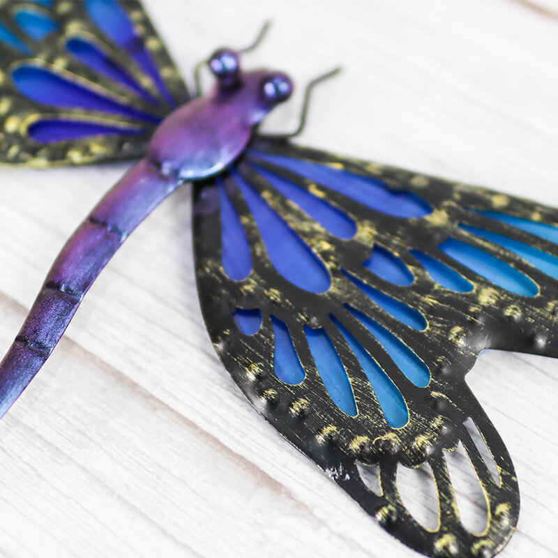 Arte da parede da libélula da fada azul do metal para a decoração do jardim miniaturas estátuas e esculturas ao ar livre animais e miniatura