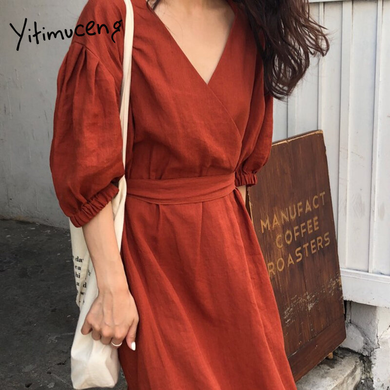 Yitimuceng ميدي فستان المرأة الصيف ضمادة انقسام شوكة ثوب أنيق نفخة الأكمام عالية الخصر المشمش الأحمر 2021 الكورية موضة جديدة