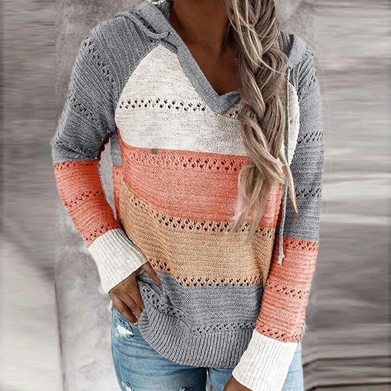 Suéter de punto de retales para mujer, Jersey de manga larga con cuello en V, Jersey informal a rayas, Top para mujer 2021