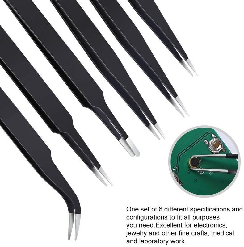 6PCS Precision Tweezers Set Upgraded Anti-Static Stainless Steel Curved of Tweezers for Electronics Laboratory Work Jewelry