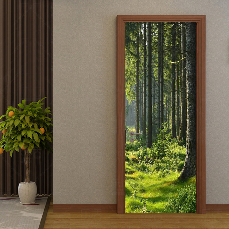 3D 벽지 현대 간단한 숲 녹색 잔디 문 스티커 PVC 자체 접착 방수 문 포스터 벽 스티커 3D 벽 서류