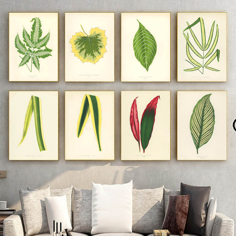 Nordic retro art plant canvas painting green leaf poster office wall painting living room corridor bedroom home decoration mural