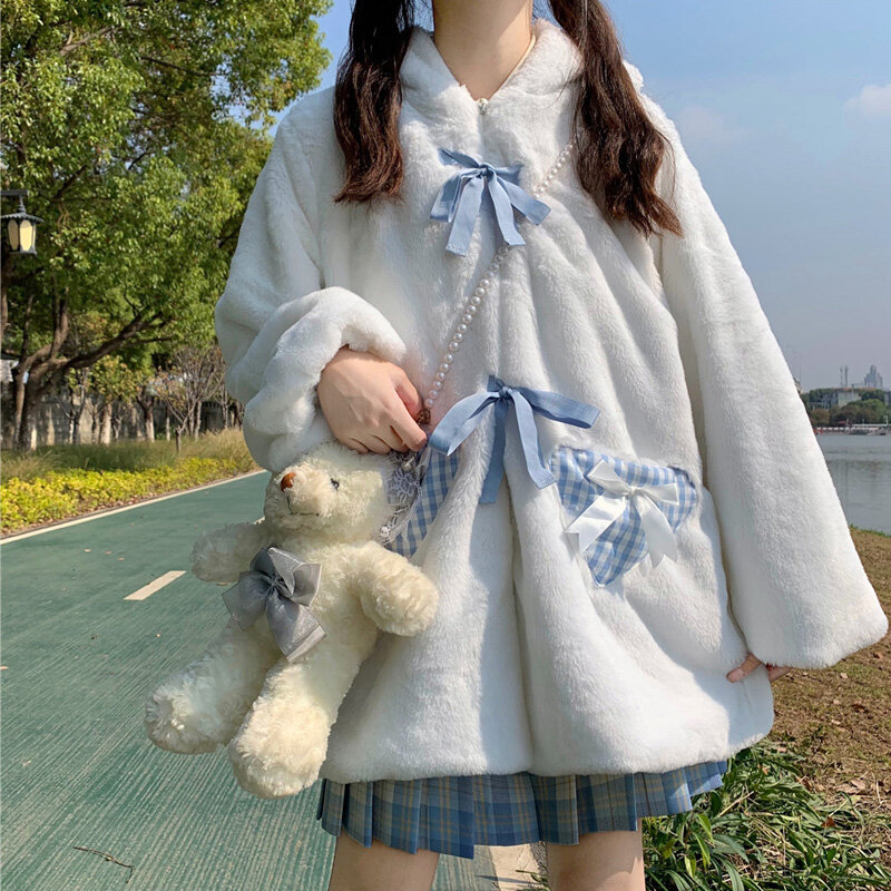 Musim Dingin Lembut Anak Perempuan Lucu Telinga Kucing Bertudung Ritsleting Tebal Jaket Mewah untuk Wanita Antik Lengan Panjang Kawaii Mantel Jk Lolita Pakaian Luar