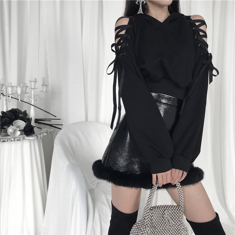Harajuku Sweatshirt Women Punk Gothic Hoodie Autumn Winter Plus Velvet Hollow Out Lace Up Long Sleeve Cute Cat Ear Hoodies