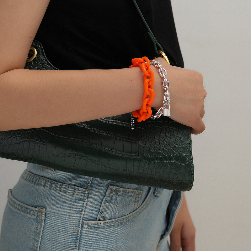 Shixin 2 Stks/set Oranje Kleur Acryl Chunky Chain Armband Voor Vrouwen Charms Lock Pandant Hand Kettingen Sieraden Mode 2020 Femme