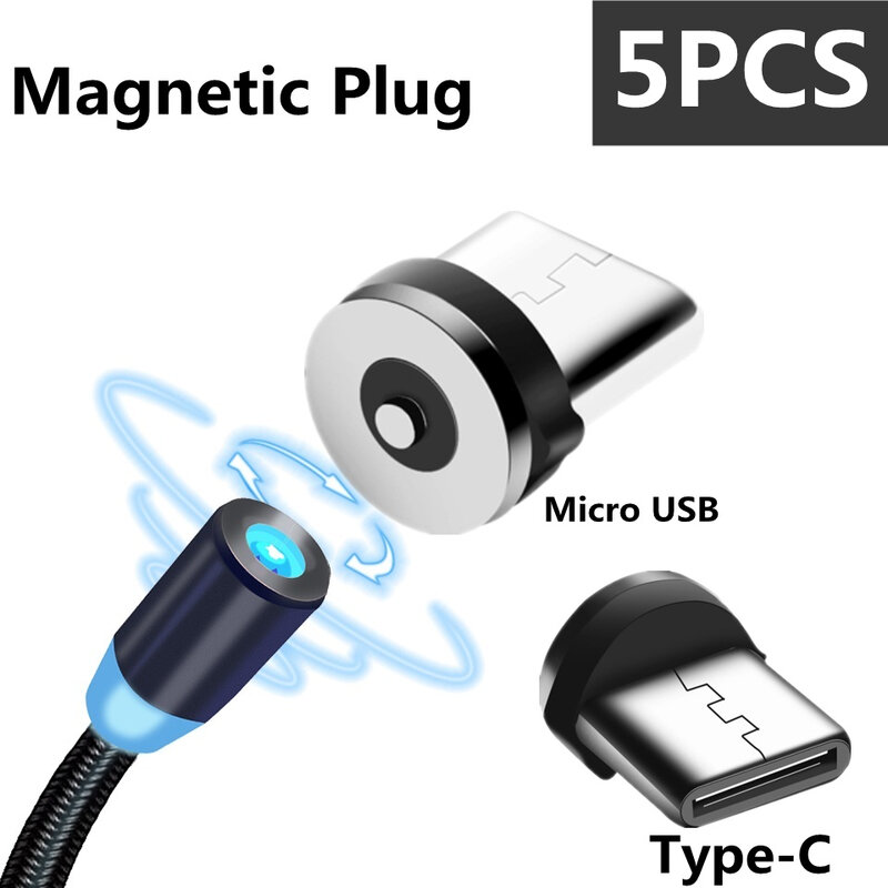 Fiche de câble magnétique rond Type C Micro USB, Rotation à 360 °, pièces de rechange pour téléphone portable, adaptateur de câble, 5 pièces