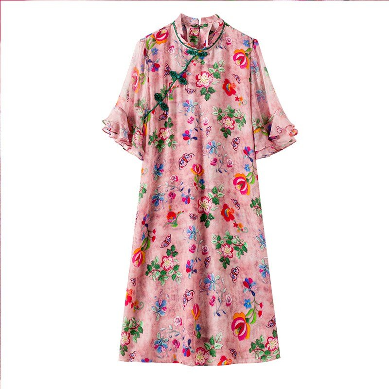 YG brand women's dress 2021 spring and summer new stand collar and coil button silk print dress with lotus sleeve and cheongsam