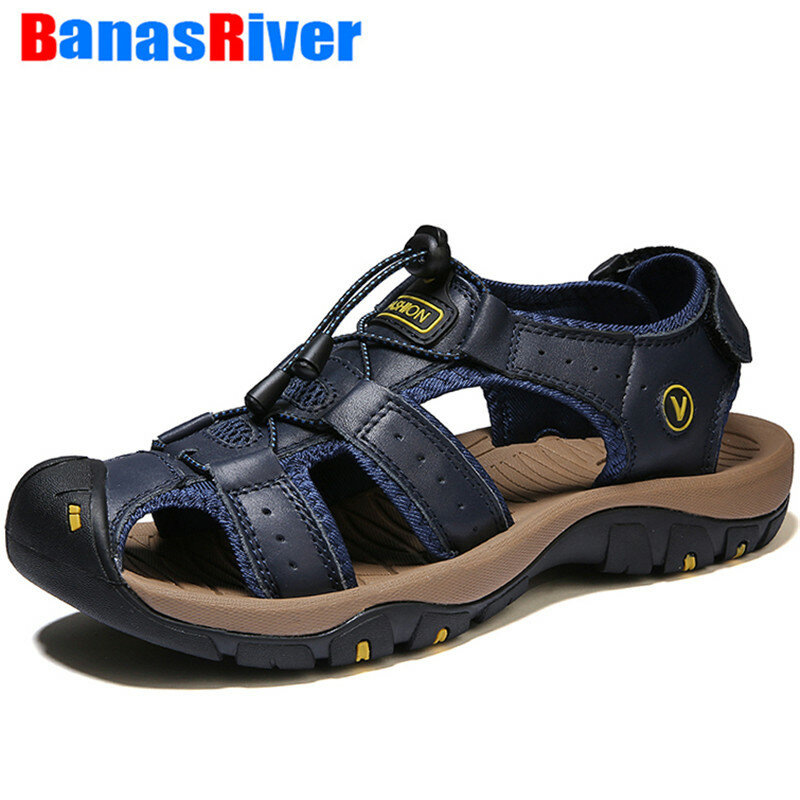 Skórzane buty męskie letnie odkryte buty spacerowe na niskim obcasie sandały w dużym rozmiarze modne pantofle rzymskie sandały plażowe Sandalias Hombre