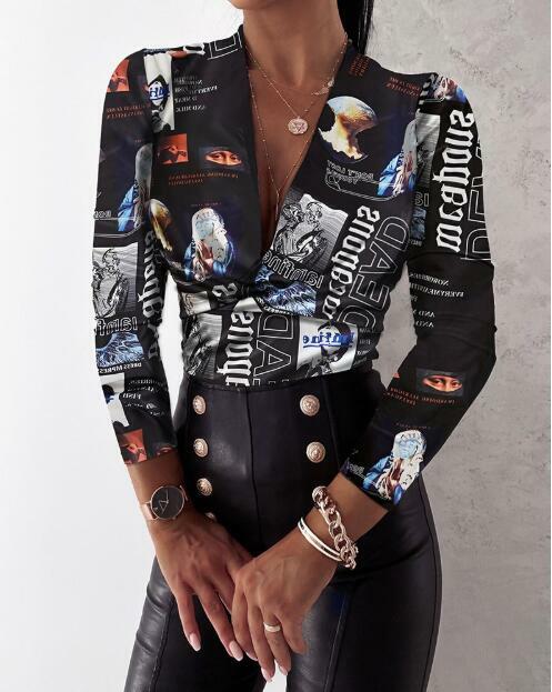 여성 우아한 레오파드 프린트 블라우스 셔츠 2020 가을 캐주얼 긴팔 풀오버 탑 사무실 레이디 2XL 패션 섹시한 v-넥 Blusa