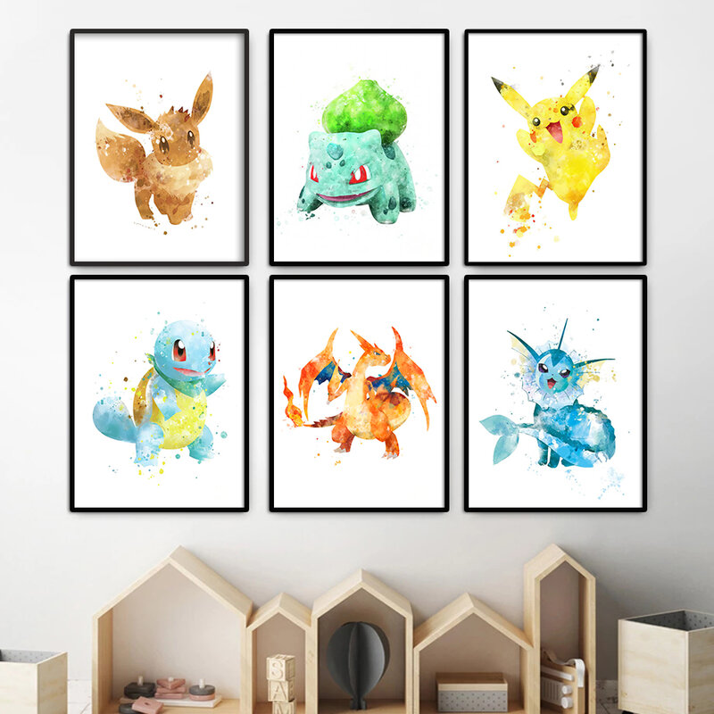 Pintura en lienzo de Pokémon Pikachu Charmander Squirtle Bulbasaur Charizard, arte de pared, póster impreso, dibujos animados, Anime