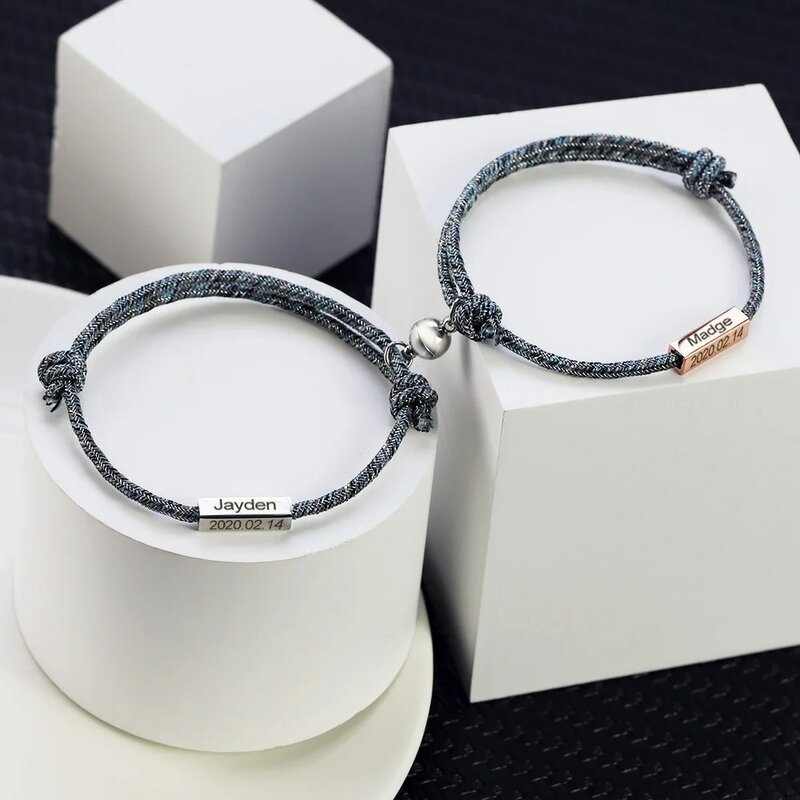 Een Paar Rvs Brief Naam Custom Verstelbare Magnetische Paar Armband Gepersonaliseerde Geweven Armband Voor Valentijnsdag