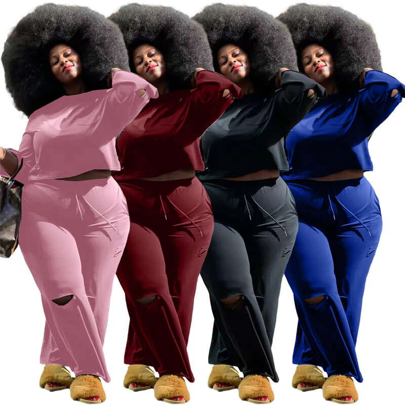 HAOOHU Plus Size Women's Clothing Street Wear Pants Suits Casual Two Piece Sets Solid Color Round Neck Sexy Hole  Urban Casual