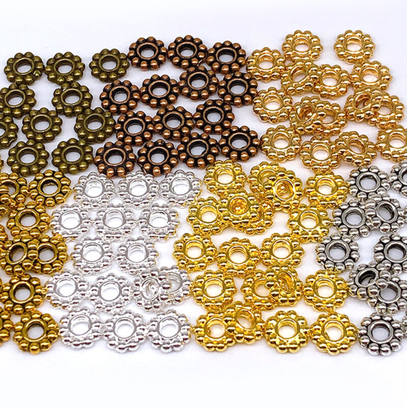 Perles d'espacement de flocon de neige tibétain plaqué argent 7mm, vente en gros de 100 pièces, perles d'espacement de fleur de marguerite en métal pour la fabrication de bijoux