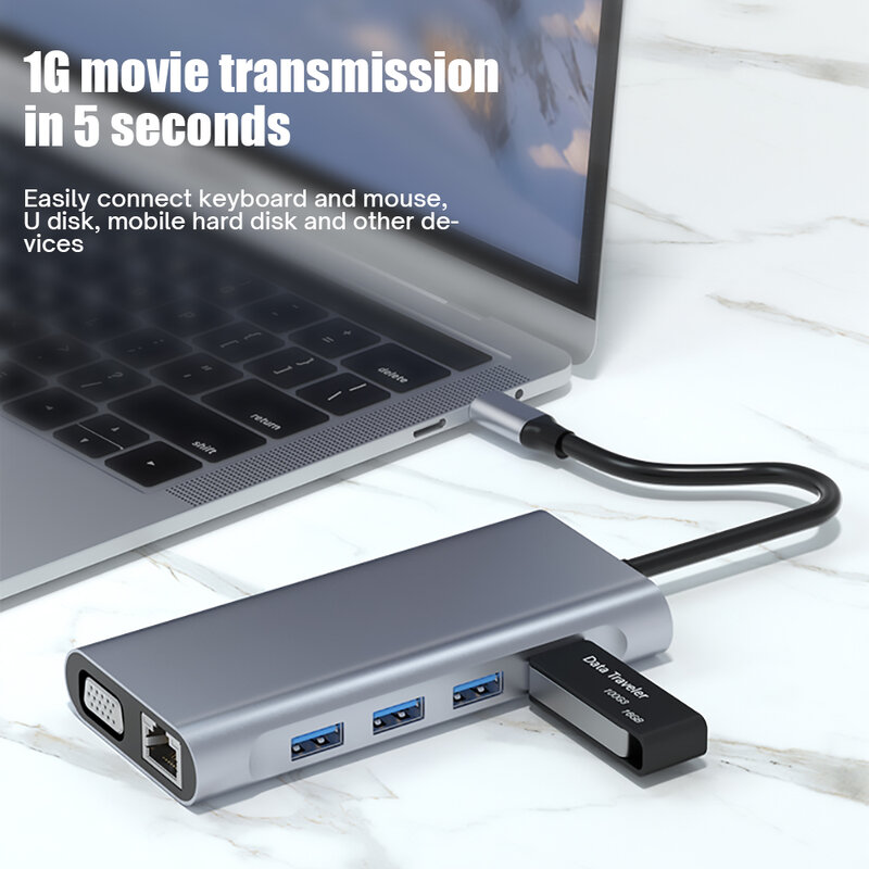 HUB USB C Sang 4K HDMI-Tương Thích VGA RJ45 Adapter Với PD TF SD Jack AUX 3.5Mm 4/5/6/8/11 Cổng Dock Station Cho Macbook Pro/Air