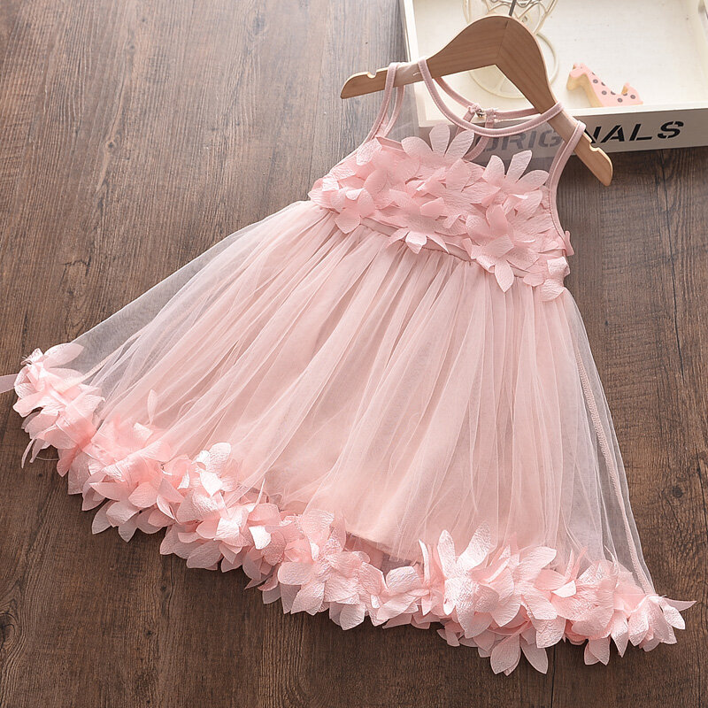 Keelorn Girls różowa sukienka 2021 marka dzieci eleganckie ubrania Rainbow bez rękawów koronkowe sukienki siateczkowe dziewczyny Floral Princess sukienki 2-7Y