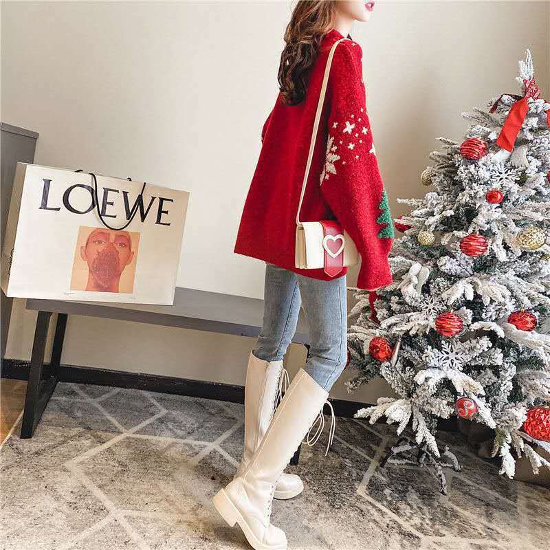 Suéter rojo de Navidad para mujer, ropa exterior holgada, suéter femenino, Tops gruesos de moda coreana para Otoño e Invierno