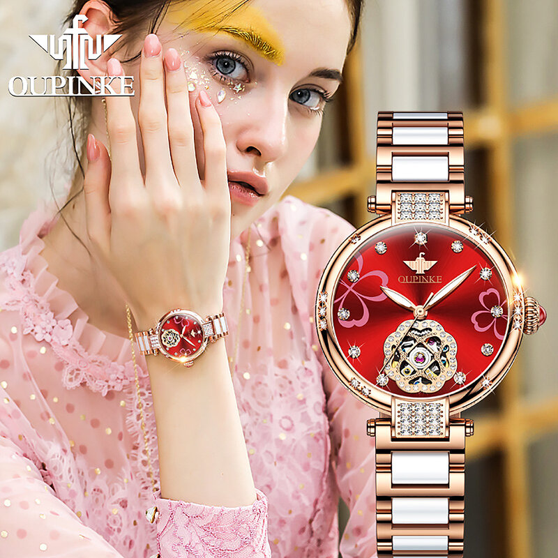 OUPINKE-reloj mecánico de moda para mujer, reloj de diamantes de cerámica de zafiro, automático, con Flash de agua, regalos para mujer