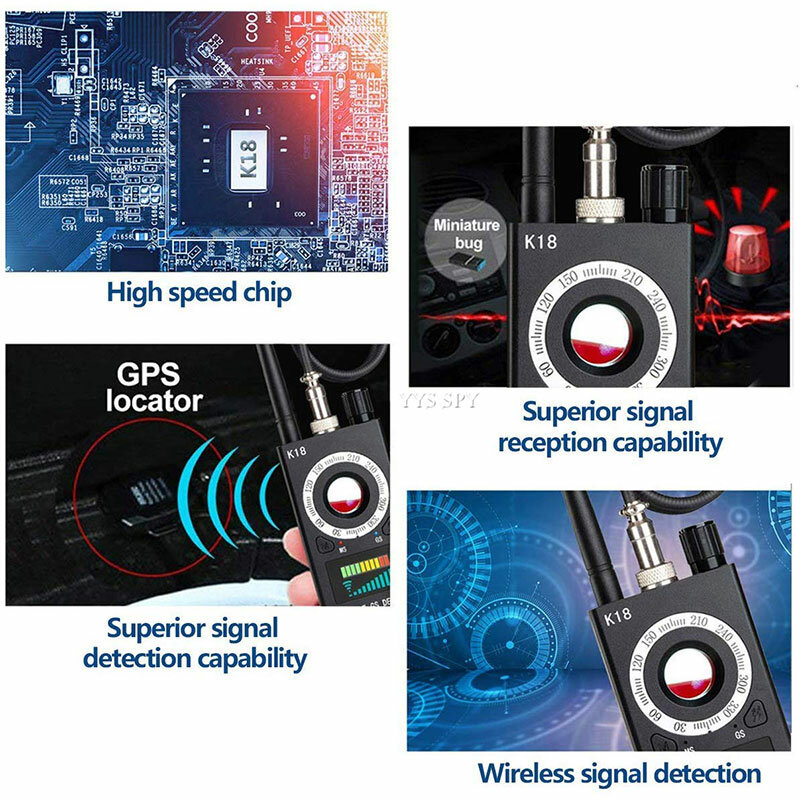 K18 مكافحة التجسس RF إشارة الماسح الضوئي كاميرا خفية صريحة كاشف المغناطيسي لتحديد المواقع المقتفي اللاسلكية الصوت GSM علة مكتشف مع حقيبة