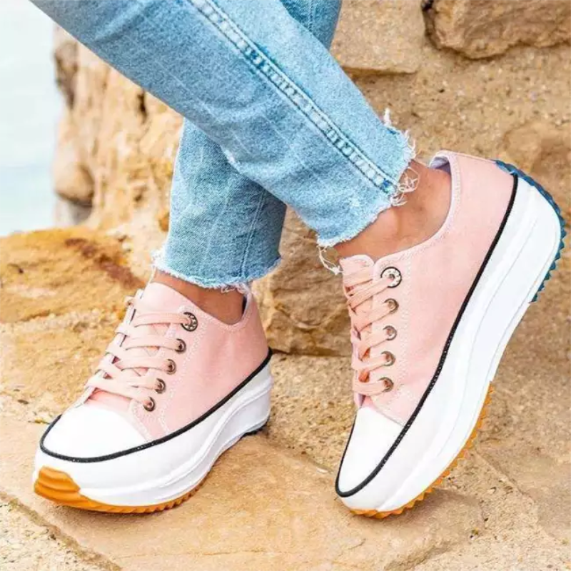 Women's Solid Color Canvas Lace-up High-heeled Thick-soled Breathable Non-slip Comfortable Fashion Casual Sneakers 6KF035