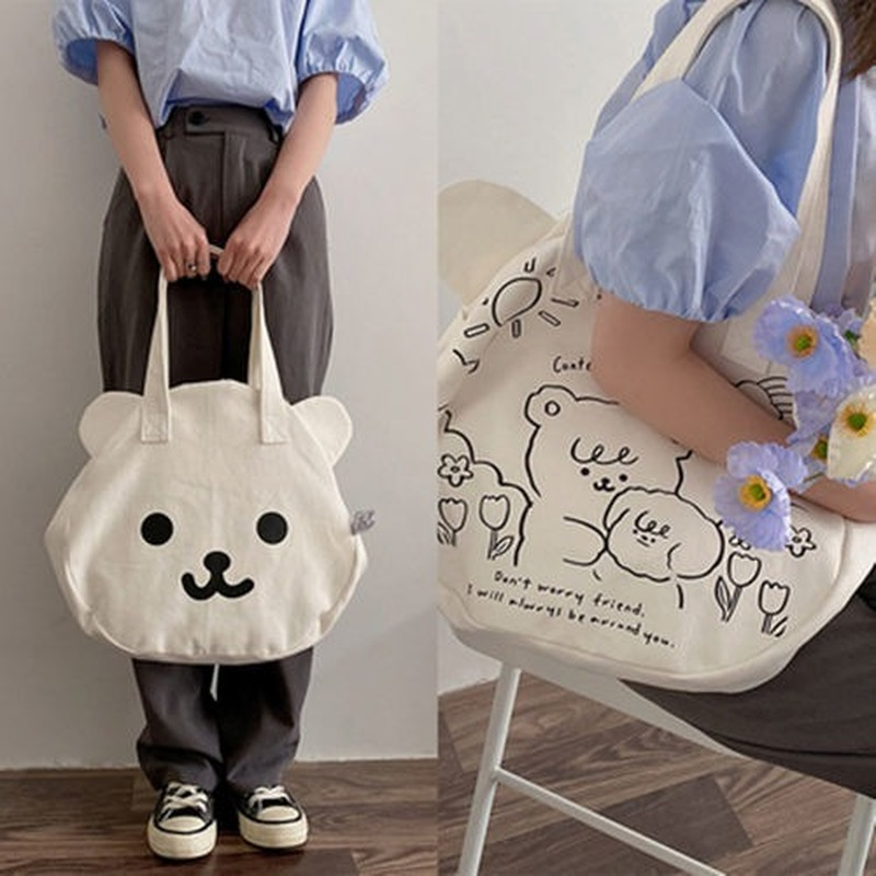 HOUZHOU Bear Shoulder Bag Female Canvas Tote Large Women Kawaii Harajuku 2021 Designer White Shopper