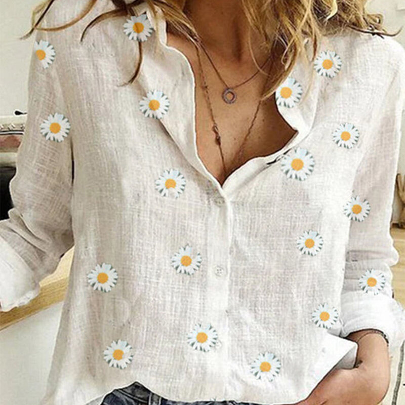 Women Daisies Print Shirts White Long Sleeve Button V-Neck Loose Female Tops 2021 Summer Casual Ladies Shirt Oversized 5XL