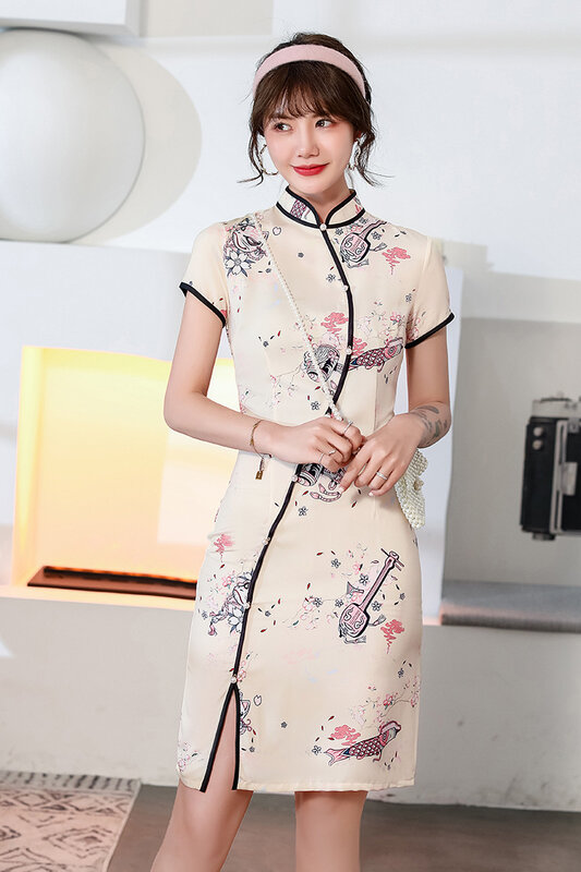 2021 Spring and Summer New Cheongsam Cute Japanese Chinese Style Stand-up Collar Short Imitation Aetate Single-layer Fashion