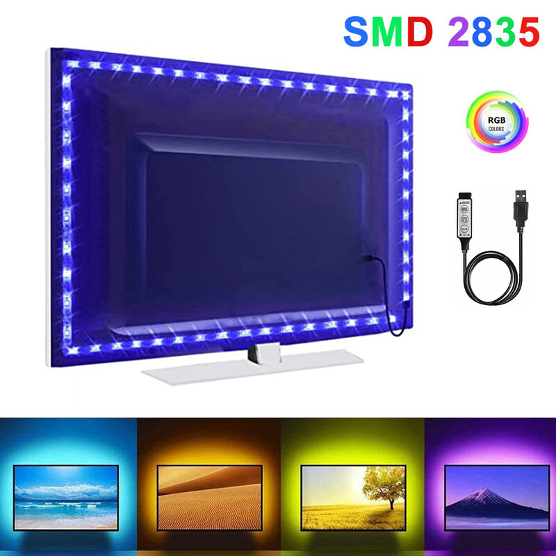 RGBバックライト付きLEDストリップライト,USB smd,HDMI,フレキシブルリボン,寝室用装飾,1m,3m,5m,2835