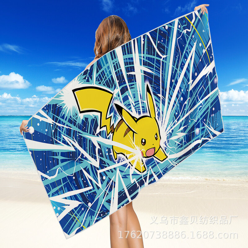 Takara Tomy Pikachu Vierkante Strand Badhanddoek Omkeerbare Fluwelen Sneldrogende Handdoek Draagbare Badstof Handdoek Multifunctionele Handdoek