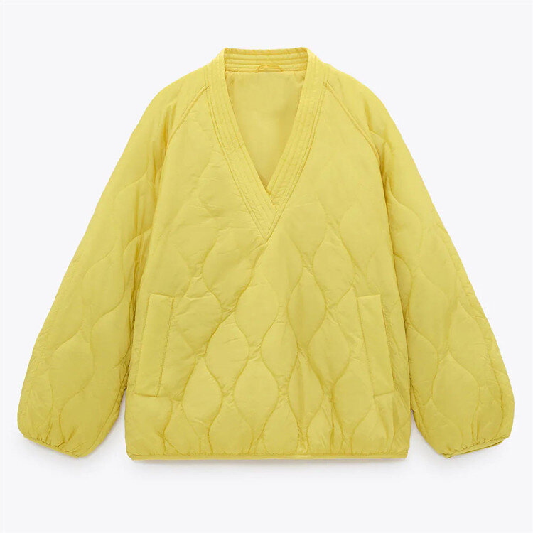 Pull-over rembourré jaune à manches longues et col en v pour femme, chandail à poches, veste Cardigan chaude d'hiver, nouveau Style, offre spéciale, 2021