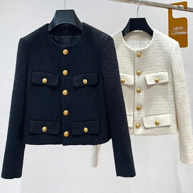 2021 pequena fragrância feminina preto tweed outerwear outono inverno botão dourado mistura lã feminino casaco de manga longa