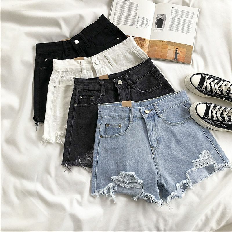 Шорты женские джинсовые с широкими штанинами, повседневные свободные однотонные штаны из денима с дырками, в уличном стиле, белые, черные