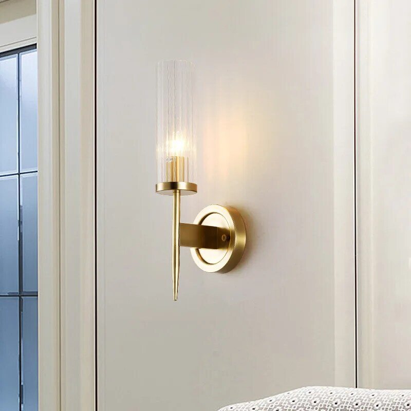 Lámpara de pared de cobre para sala de estar, dormitorio, mesita de noche, escalera, luz de pared de lujo americana Simple, E14