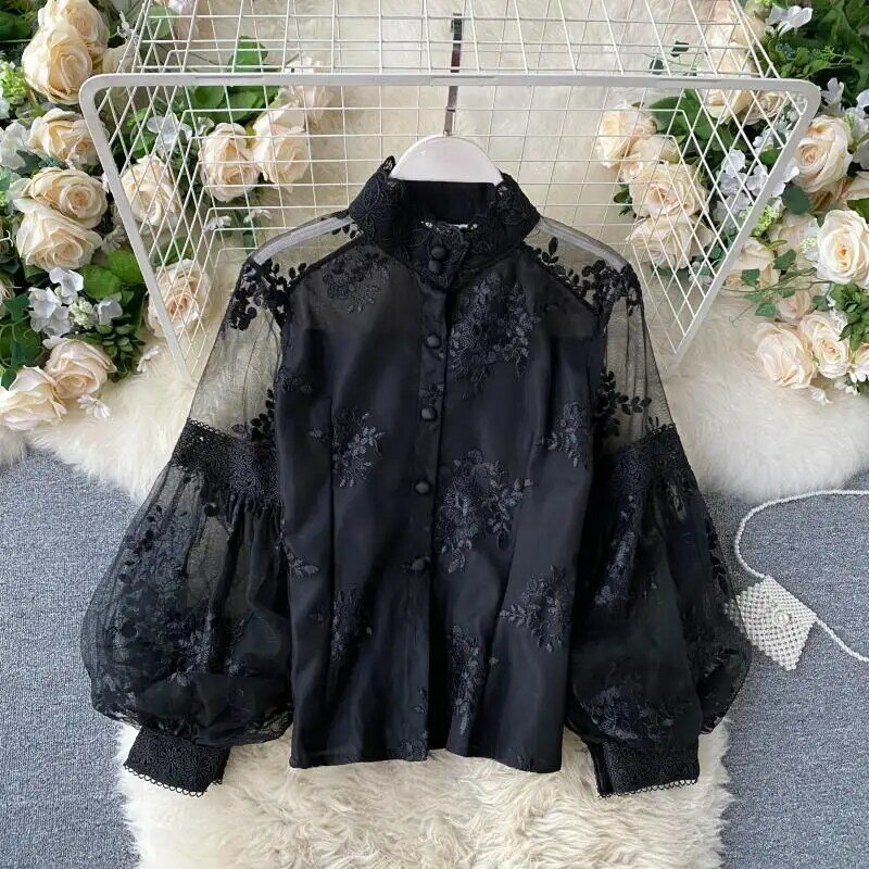 Fashion new French retro mesh lace stand collar three-dimensional embroidered puff sleeve palace style slim slimming shirt