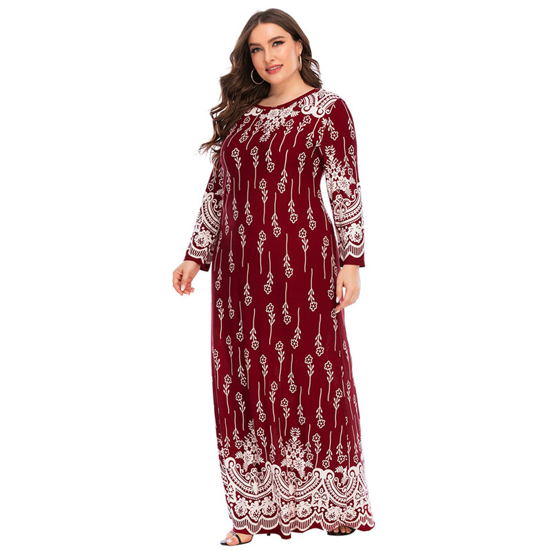 Vestido muçulmano feminino outono inverno manga longa retro floral impressão maxi vestido longo turco roupas islâmicas