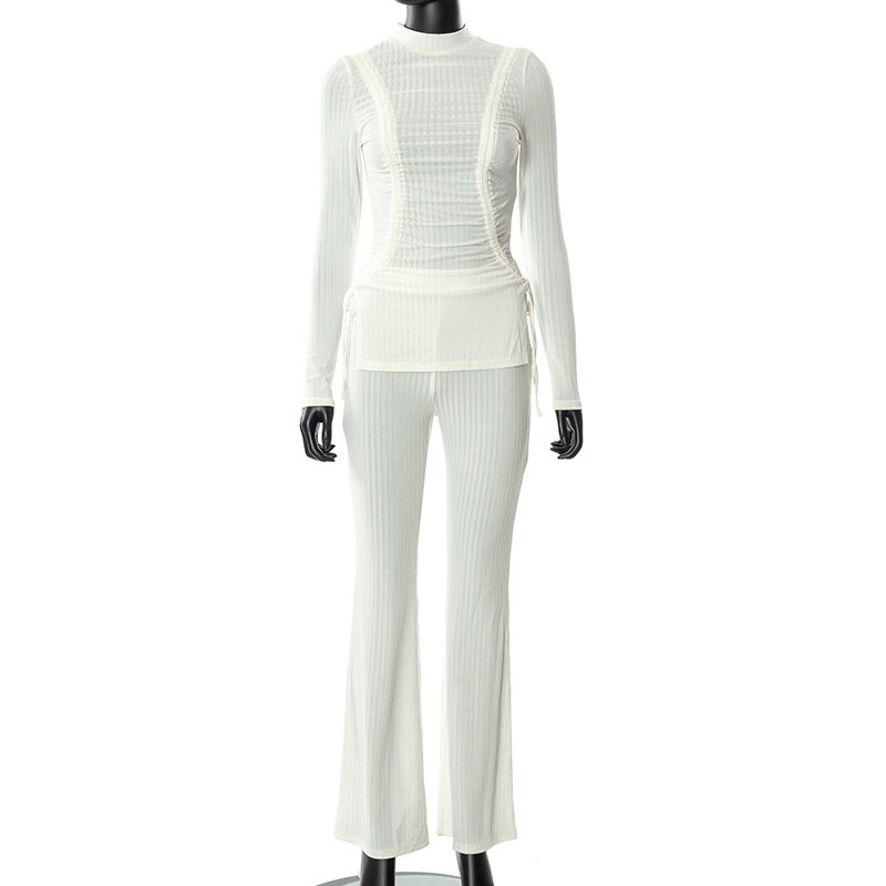 Conjunto de duas peças conjunto de treino feminino causal plissado cor sólida paortsuit conjunto de correspondência com cordão roupas de inverno para mulher roupa