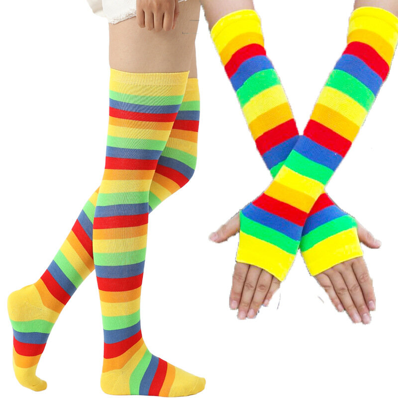 Meias longas listradas sexy arco-íris quente medias coxa meias altas engraçado feminino meninas nova moda dia das bruxas grosso sobre o joelho meias