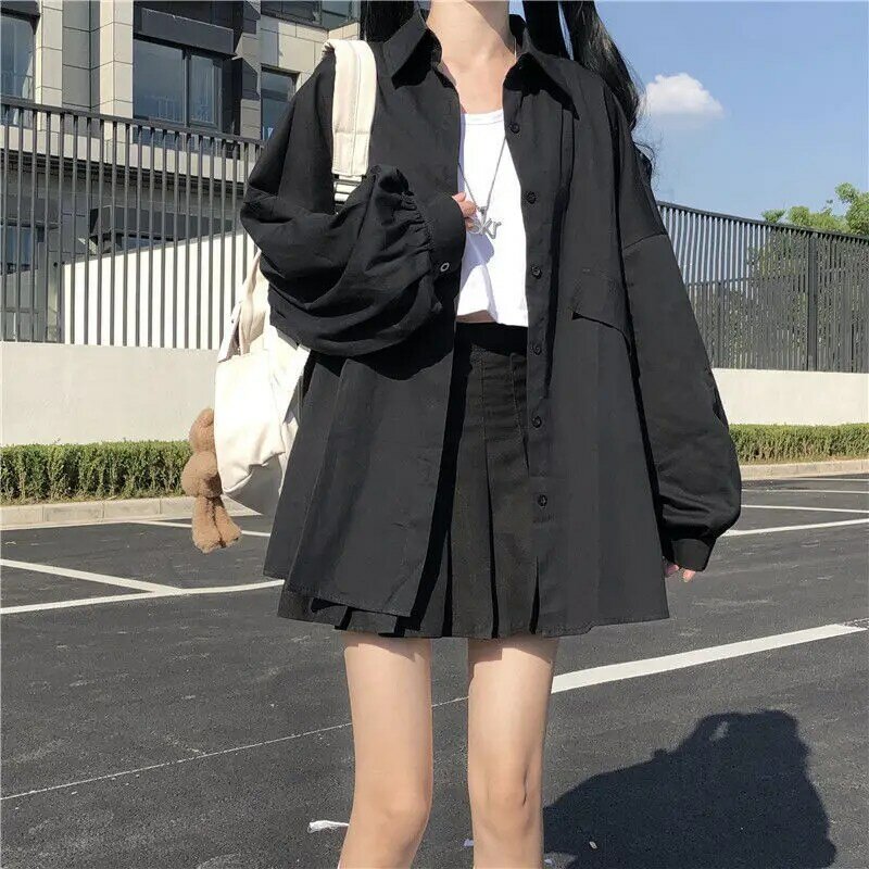 Houzhou-女性用の黒と白のランタンスリーブ付きカワイイシャツ,ボタン付きの特大韓国スタイルのブラウス,直送