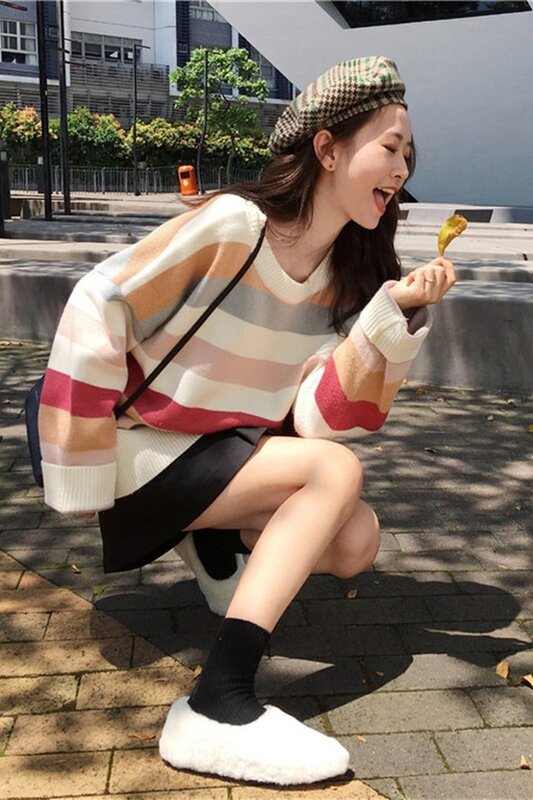 Frauen Herbst Winter Süße Pullover Mode Chic Striped Hit Farbe Koreanische Lose Strickwaren Pullover
